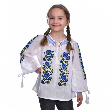 Ie traditionala fata, alba, broderie florala albastra, 1 - 16 ani, DNK0162
