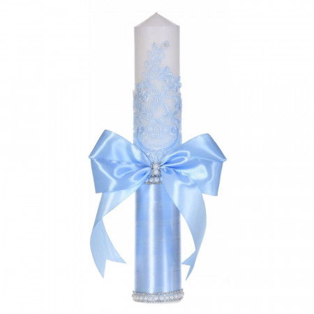 Lumanare botez decor bleu elegant, dantela, margelute si fundita asortata, Denikos® C1190