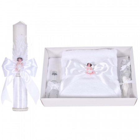 Lumanare botez eleganta cu ingeras si trusou botez asortat, decor Alb, Denikos® C9309