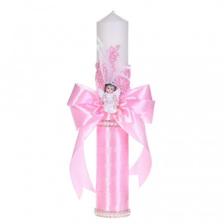 Lumanare botez eleganta decor roz, dantela, ingeras cu pene si fundita asortata, Denikos® C1186