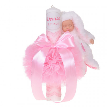 Lumanare botez personalizata, decor roz cu tul, dantela si o jucarie iepuras, Denikos® 732