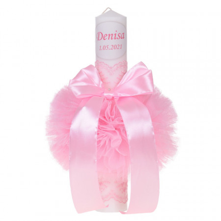 Lumanare botez personalizata, decor roz cu tul si dantela, Denikos® 722
