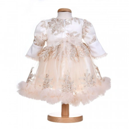 Rochie botez fata, cu volanas, culoare alb-ivoire, 3 piese, Denikos® H031 - Img 2