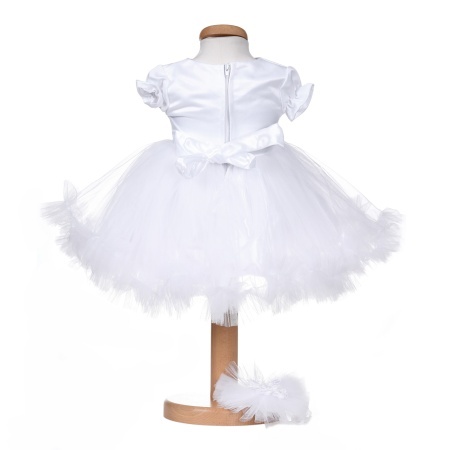 Rochita botez maneca scurta pentru fetita, alba, cu dantela, tulle si bentita - tinuta eleganta pentru botez Denikos® H051 - Img 2