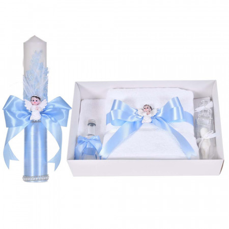 Set botez cochet, lumanare dantela, margelute si ingeras si trusou botez asortat, decor Bleu, Denikos® C9311