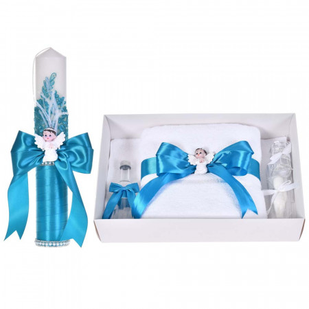 Set botez cu lumanare dantela, margelute si ingeras si trusou botez asortat, decor Turcoaz, Denikos® C9313