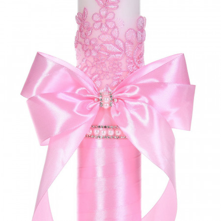 Set botez elegant, lumanare margelute si si trusou botez in landou, decor dantela roz ingusta, Denikos® C9305 - Img 3