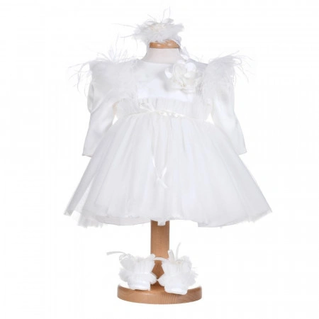Set botez fetita, rochita 3 piese, trusou botez in landou si lumanare, decor alb diafan, Denikos® C1145 - Img 2