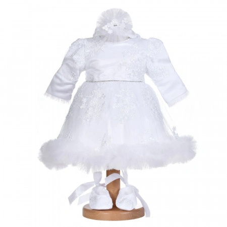 Set botez, rochita botez cu volanas, 3 piese, trusou botez si lumanare, decor dantela alba, diafana, Denikos® C1150 - Img 4