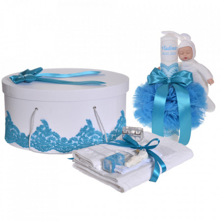 Set elegant trusou botez, cutie trusou si lumanare personalizata cu nume, decor dantela Turcoaz cu iepuras, Denikos® 951