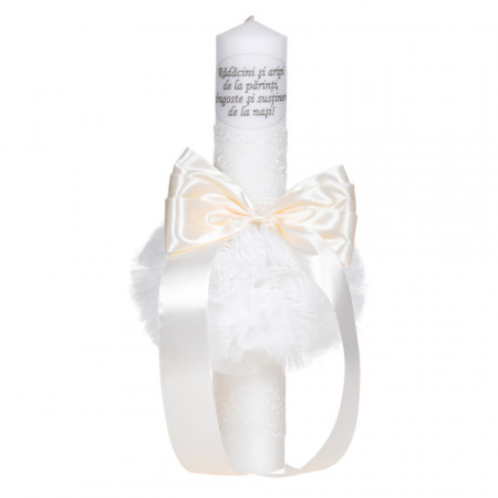Set lumanare botez cu mesaj si trusou botez in landou, decor dantela ivory lata, Denikos® C1061 - Img 2
