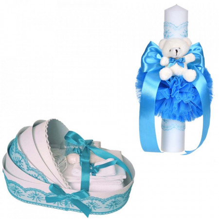 Set lumanare botez cu ursulet si trusou botez in landou, decor dantela turcoaz lata, Denikos® C1094