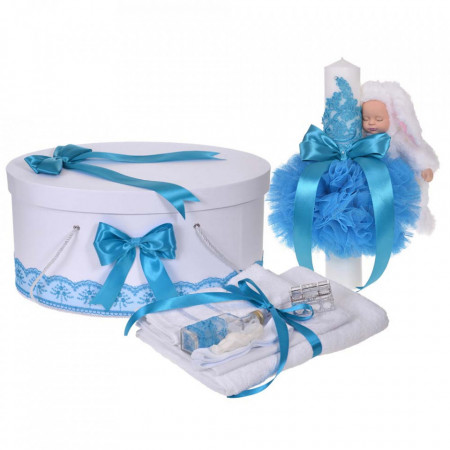 Set trusou botez, cutie trusou si lumanare iepuras pufos, dantela si fundite, decor Turcoaz, Denikos® 897