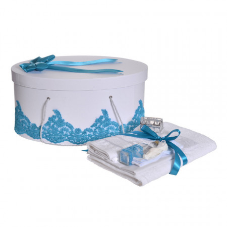 Set trusou botez si cutie trusou, dantela si fundita, decor elegant Turcoaz, Denikos® 847