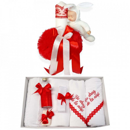 Trusou botez cu mesaj si lumanare cu iepuras, decor rosu, Denikos® 544