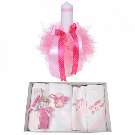 Trusou botez cu mesaj si lumanare pentru fetita, Floricele, decor roz, Denikos® 541