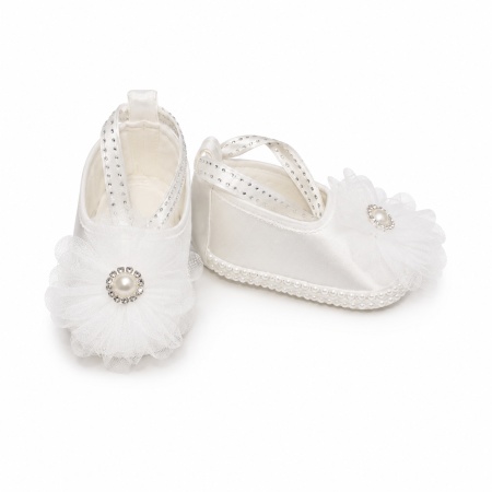Botosei eleganti albi pentru botez fetite cu floare din tull si strasuri, masura unica, Denikos® H052 - Img 3