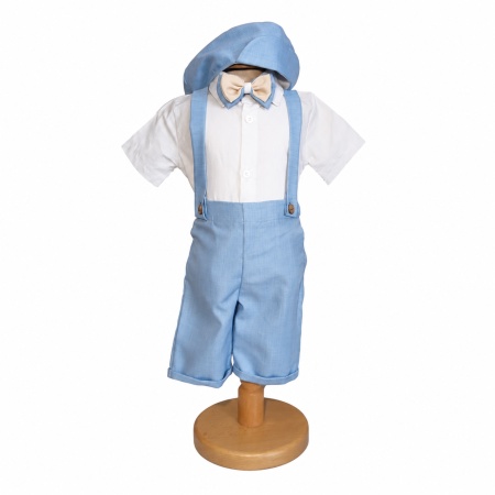 Costum botez baiat bleu cu pantaloni trei sferturi cu bretele, camasa tip body, papion si bascuta eleganta, Denikos® H046 - Img 2