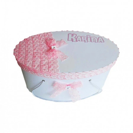 Cutie trusou botez pentru fetita, personalizata, decor dantela roz, Denikos® 217 - Img 3
