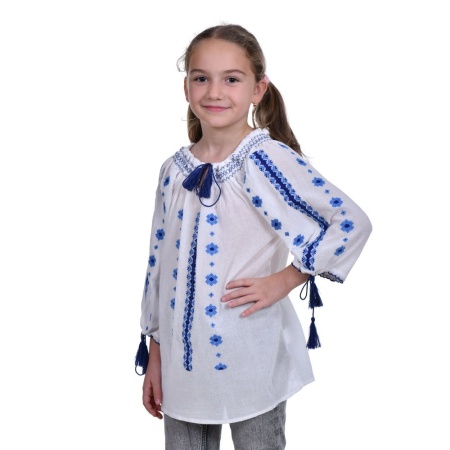 Ie populara fetita, alba, broderie albastra, marime unica, 7-10 Ani, Denikos®TD226 - Img 2