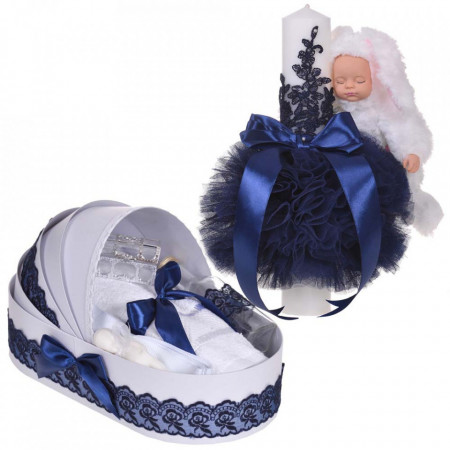 Lumanare botez cu iepuras pufos si trusou botez in landou, decor dantela Bleumarin, Denikos® 855