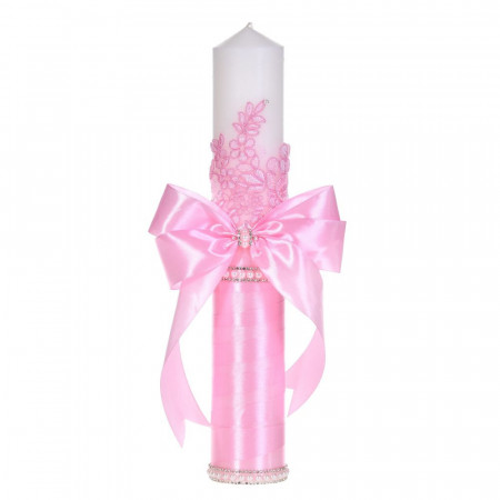 Lumanare botez decor roz elegant, dantela, margelute si fundita asortata, Denikos® C1193