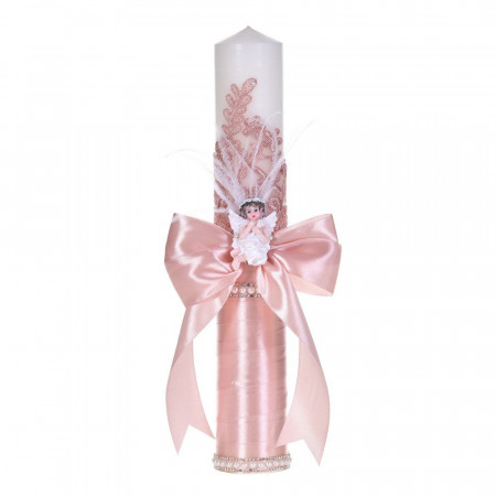 Lumanare botez eleganta decor roz pudra, dantela, ingeras cu pene si fundita asortata, Denikos® C1183