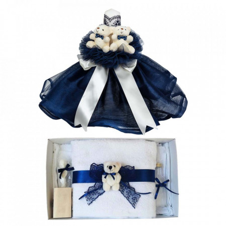 Lumanare botez tul si ursuleti si trusou botez dantela, decor Bleumarin, Denikos® 615