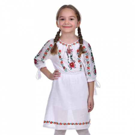 Rochie traditionala fetita, alba, broderie florala traditionala, 1 - 16 ani, DNK0176