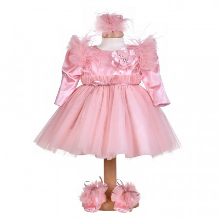 Rochita botez fetita, culoare dusty rose, 3 piese, Denikos® H027