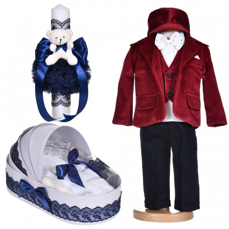 Set botez, costum baietel, 5 piese, trusou botez si lumanare, decor bleumarin si ursulet, Denikos® C1131