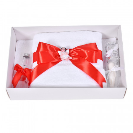 Set botez cu lumanare decor dantela, margelute si ingeras si trusou botez asortat, Rosu, Denikos® C9317 - Img 5