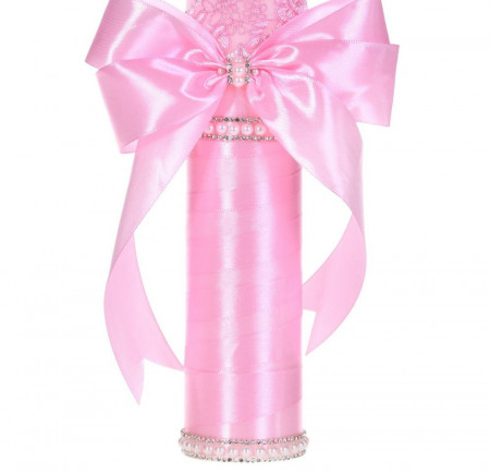Set botez elegant, lumanare margelute si si trusou botez in landou, decor dantela roz ingusta, Denikos® C9305 - Img 4