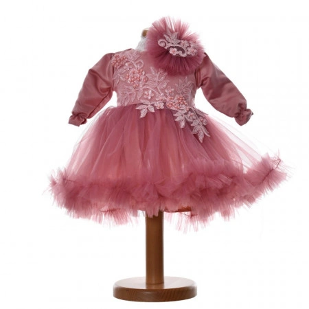 Set botez fetita, rochita 2 piese, trusou botez, cutie trusou si lumanare, decor roz pudrat inchis, Denikos® C9184 - Img 3