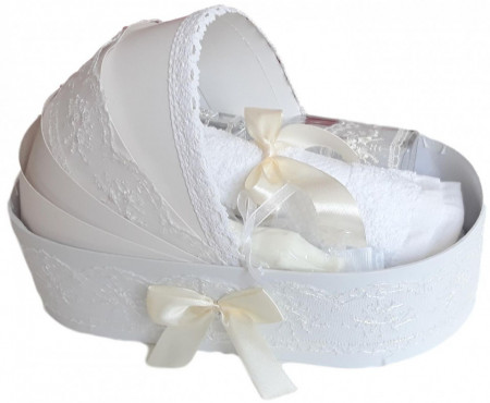 Set lumanare botez cu mesaj si trusou botez in landou, decor dantela ivory lata, Denikos® C1061 - Img 3