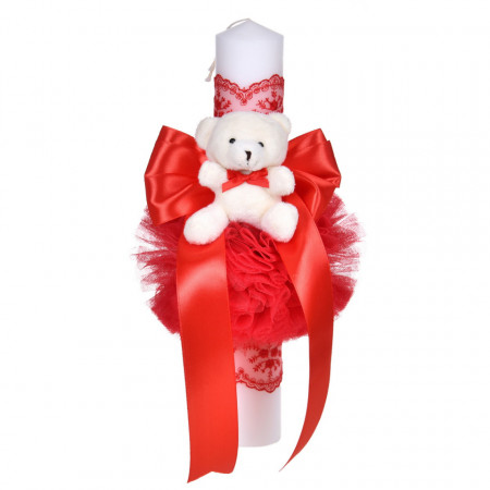 Set lumanare botez cu ursulet si trusou botez in landou, decor dantela rosie ingusta, Denikos® C1108 - Img 2