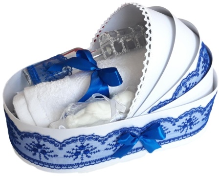 Set lumanare botez personalizata cu mesaj, trusou complet in landou decorat cu dantela si set baita cu nasii dupa botez pentru baiat, culoare albastru, Denikos NK143 - Img 3