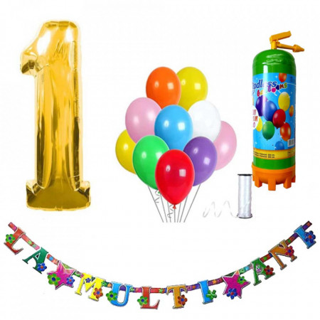 Butelie heliu, cifra 1 balon folie, banner si 10 baloane latex