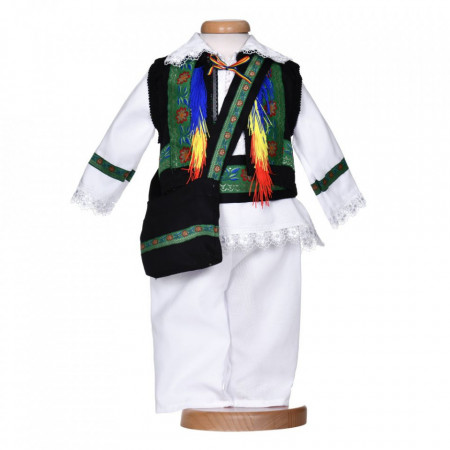 Costum botez traditional baietel, 5 piese, alb - verde, Denikos® 1014