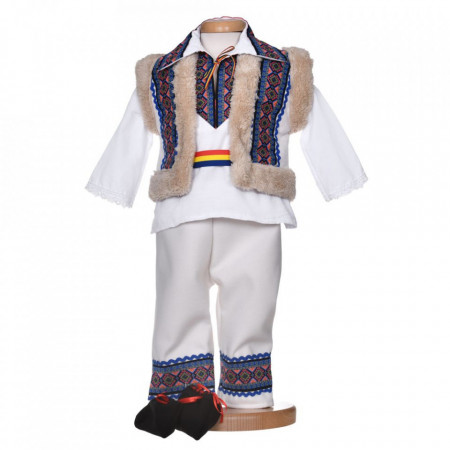 Costum popular pentru botez baietel, 5 piese, alb cu broderie albastra, Denikos® 1016