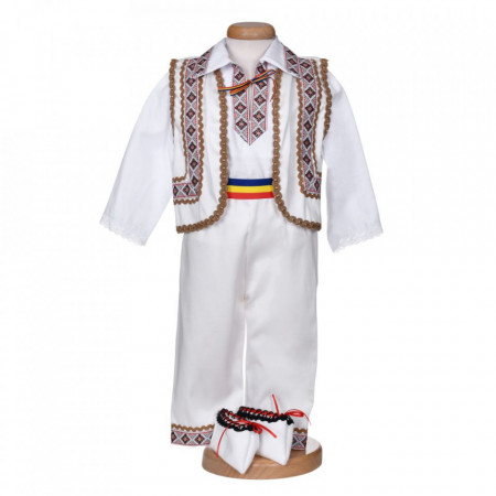 Costum traditional baietel, 5 piese, alb - maro, Denikos® 1012