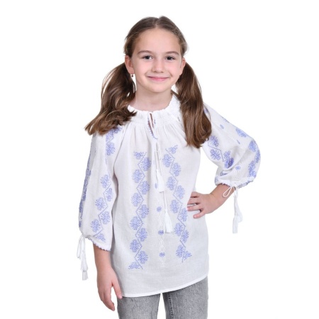 Ie nationala fata, alba, broderie lila, marime unica, 7-10 Ani, Denikos®TD220 - Img 2