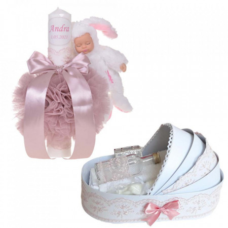 Lumanare botez cu iepuras, personalizata si trusou botez in landou, decor Roz pudra, Denikos® 802