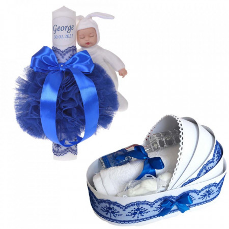 Lumanare botez cu iepuras, personalizata si trusou botez in landou, decor Albastru, Denikos® 805