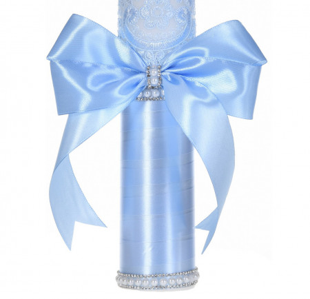 Lumanare botez decor bleu elegant, dantela, margelute si fundita asortata, Denikos® C1190 - Img 3