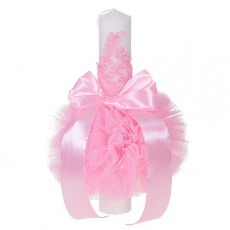 Lumanare botez eleganta cu tul, dantela si fundita, decor roz, Denikos® 704