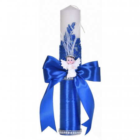 Lumanare botez eleganta decor albastru dantela, ingeras cu pene si fundita asortata, Denikos® C1180
