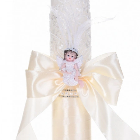 Lumanare botez eleganta decor crem / ivoire, dantela, ingeras cu pene si fundita asortata, Denikos® C1184 - Img 2