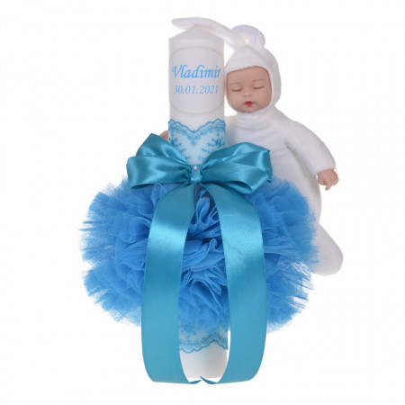 Lumanare botez personalizata, decor turcoaz cu tul, dantela si o jucarie iepuras, Denikos® 734