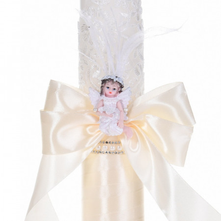 Set botez cu lumanare decor dantela, margelute si ingeras si trusou botez asortat, Crem / Ivoire, Denikos® C9314 - Img 2